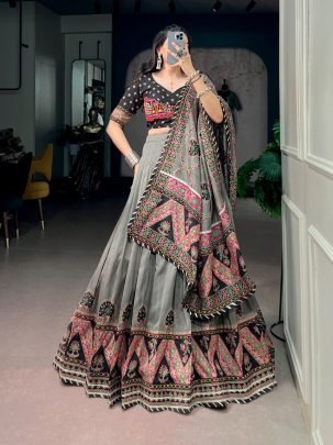 Tasar Silk Gamthi Work Navratri Lehenga Set