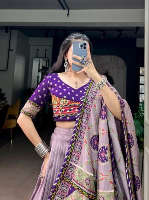 Tasar Silk Gamthi Work Navratri Lehenga Set