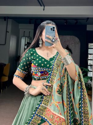 Tasar Silk Gamthi Work Navratri Lehenga Set