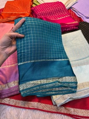 Teal Blue Zari Check Viscose Saree with Designer Border