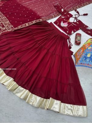 Tiered Lehenga Choli with Embroidered Blouse and Zari Border Dupatta