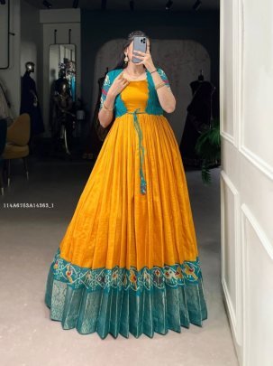 Traditional Anarkali Gown with Embroidered Jacket and Ikat Border