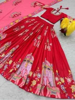 Traditional Lehenga Choli with Hand-Printed Elephant & Floral Design