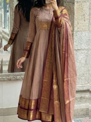 Traditional Woven Border Anarkali Dress with Dupatta