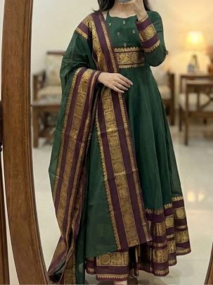 Traditional Woven Border Anarkali Dress with Dupatta