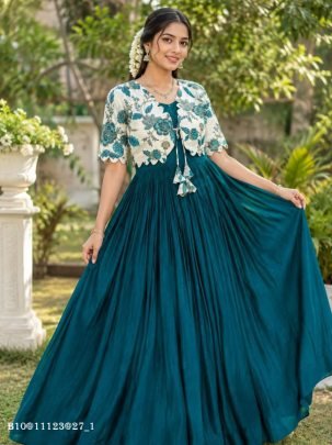 Vichitra Silk Gown with Floral Printed Coaty