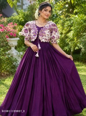 Vichitra Silk Gown with Floral Printed Coaty