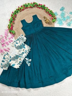 Vichitra Silk Gown with Floral Printed Coaty