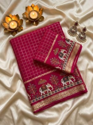 Viscose Georgette Checks 3D Digital Print Saree with Running Blouse