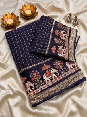 Viscose Georgette Checks 3D Digital Print Saree with Running Blouse