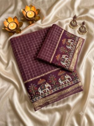 Viscose Georgette Checks 3D Digital Print Saree with Running Blouse
