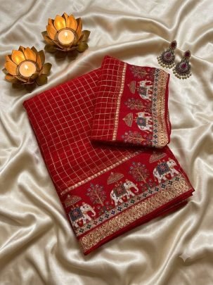 Viscose Georgette Checks 3D Digital Print Saree with Running Blouse
