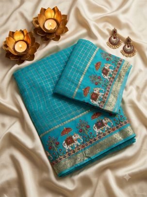 Viscose Georgette Checks 3D Digital Print Saree with Running Blouse
