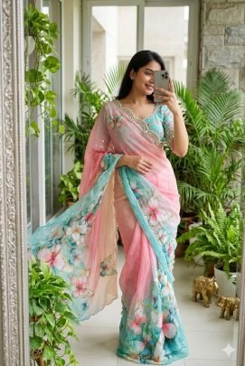 Weightless Chiffon Floral Digital Print With Beautiful Pipe Work
