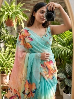 Weightless Chiffon Floral Digital Print With Beautiful Pipe Work