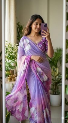 Weightless Chiffon Floral Digital Print With Beautiful Pipe Work