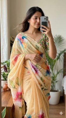 Weightless Chiffon Floral Digital Print With Beautiful Pipe Work