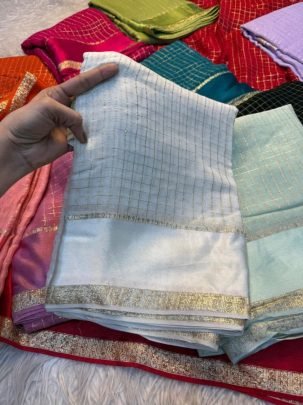 White Zari Checks Viscose Saree with Designer Border
