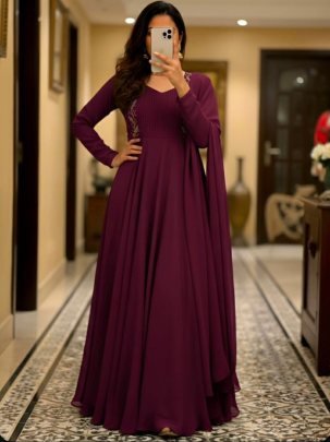 Wine Faux Georgette Party Wear Gown Set