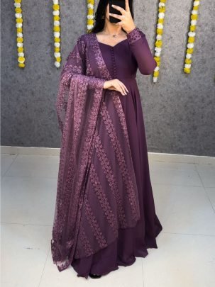 Lavender Faux Georgette Party Wear Gown with Embroidered Net Dupatta