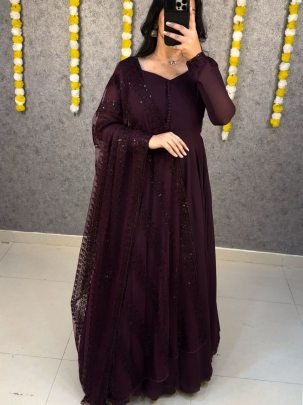 Wine Faux Georgette Party Wear Gown with Embroidered Net Dupatta