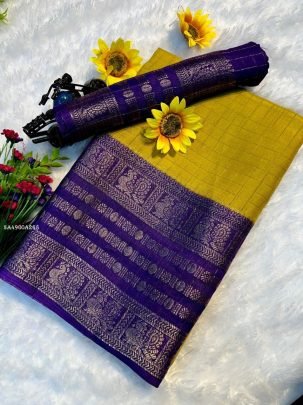 Yellow and Purple Silk Saree with Rich Zari Border