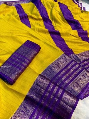 Yellow and Purple Silk Saree with Rich Zari Border